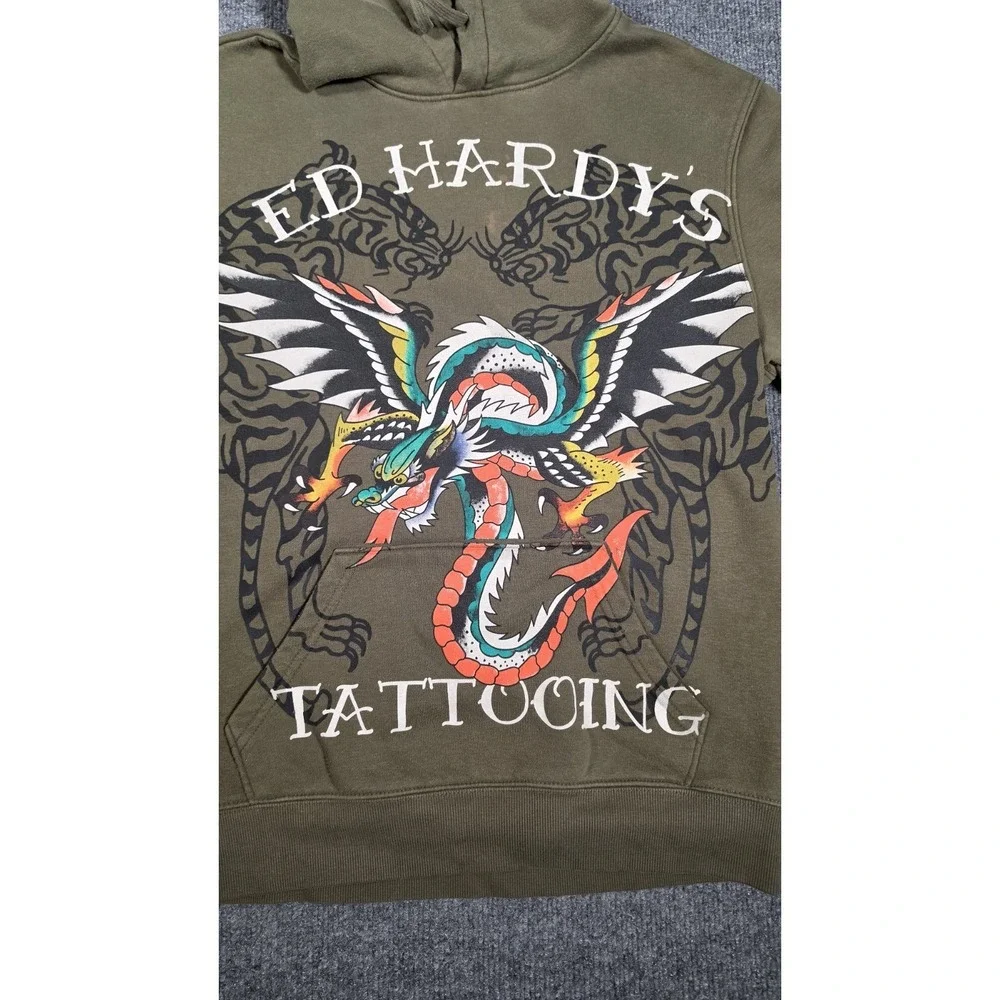 Ed Hardy Hoodie + Nike Air Jordan 1 Low Olive Sz 9.5 Outfit Bundle